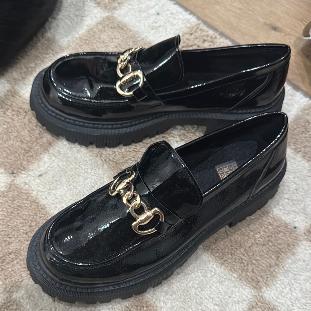 Black Patent Leather Loafers with Gold Chain